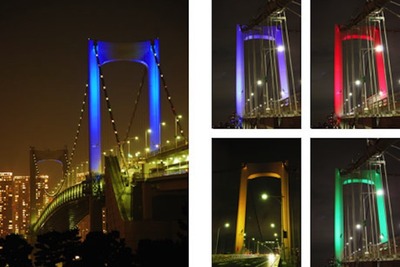 首都高速、レインボーブリッジをオリンピックカラーにライトアップ 画像