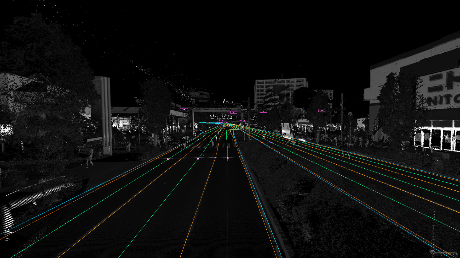東京都内の環状8号線で、収集したデータにガイド線を反映させた例、信号機の存在や交差点でのガイド線誘導がわかる