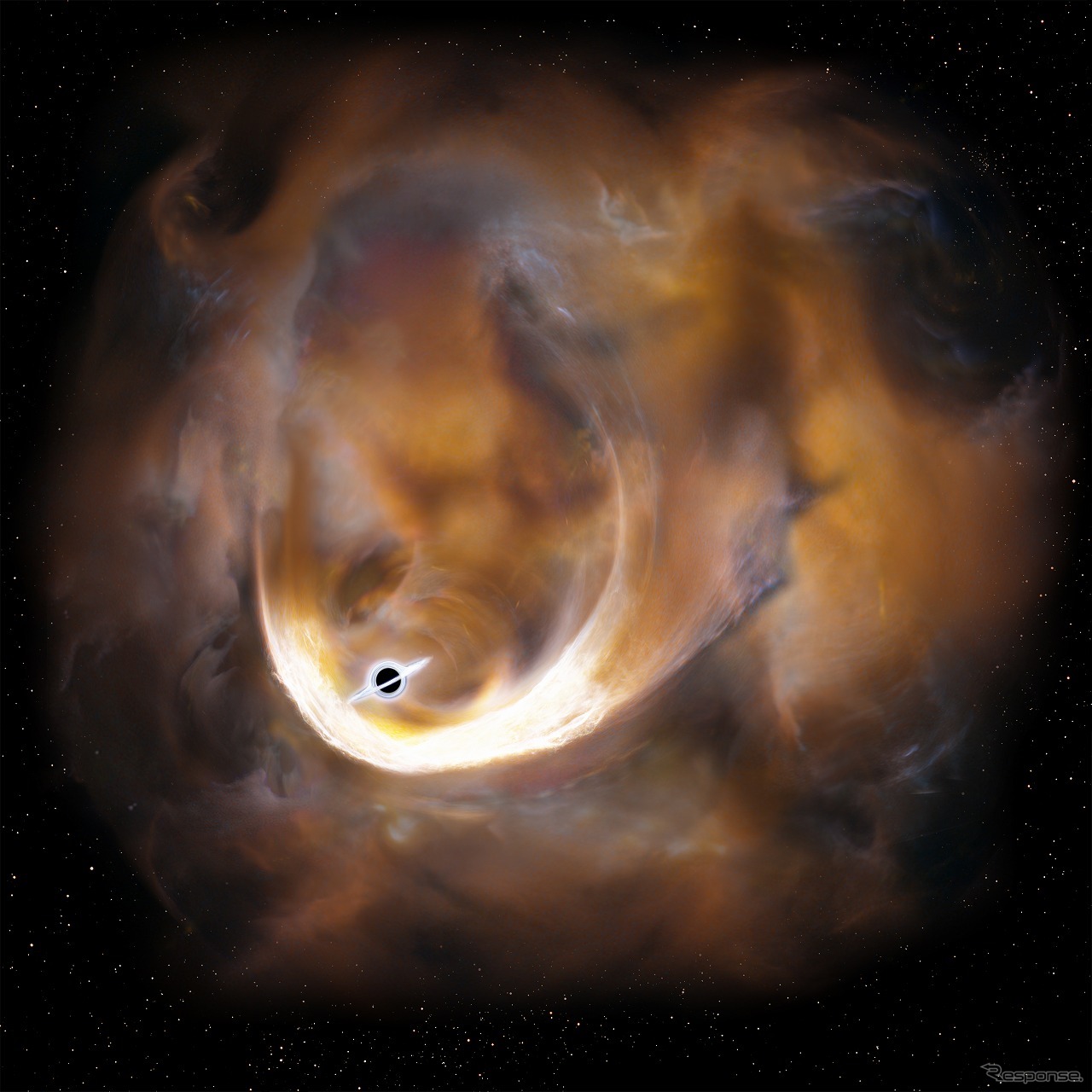 中質量ブラックホールによる重力散乱で雲が加速される様子（イメージ図）