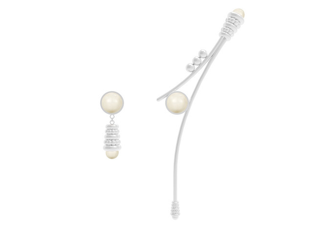 Swan Asymmetrical Earrings - silver & ivory Swarovski pearls - front／Prabal Gurung × VOJD Studios