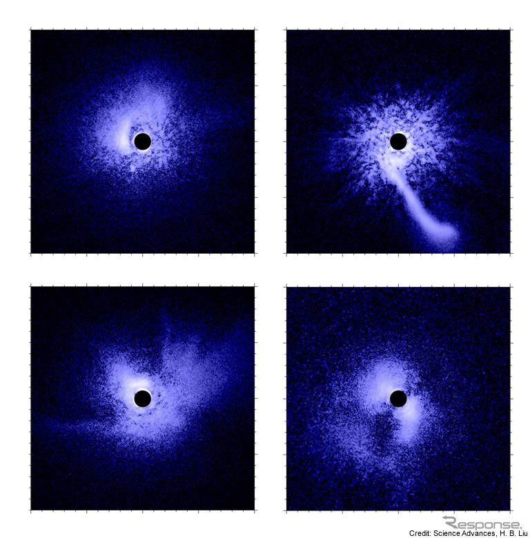 すばる望遠鏡に搭載されたカメラHiCIAOが映し出した赤ちゃん星たちの星周物質の分布