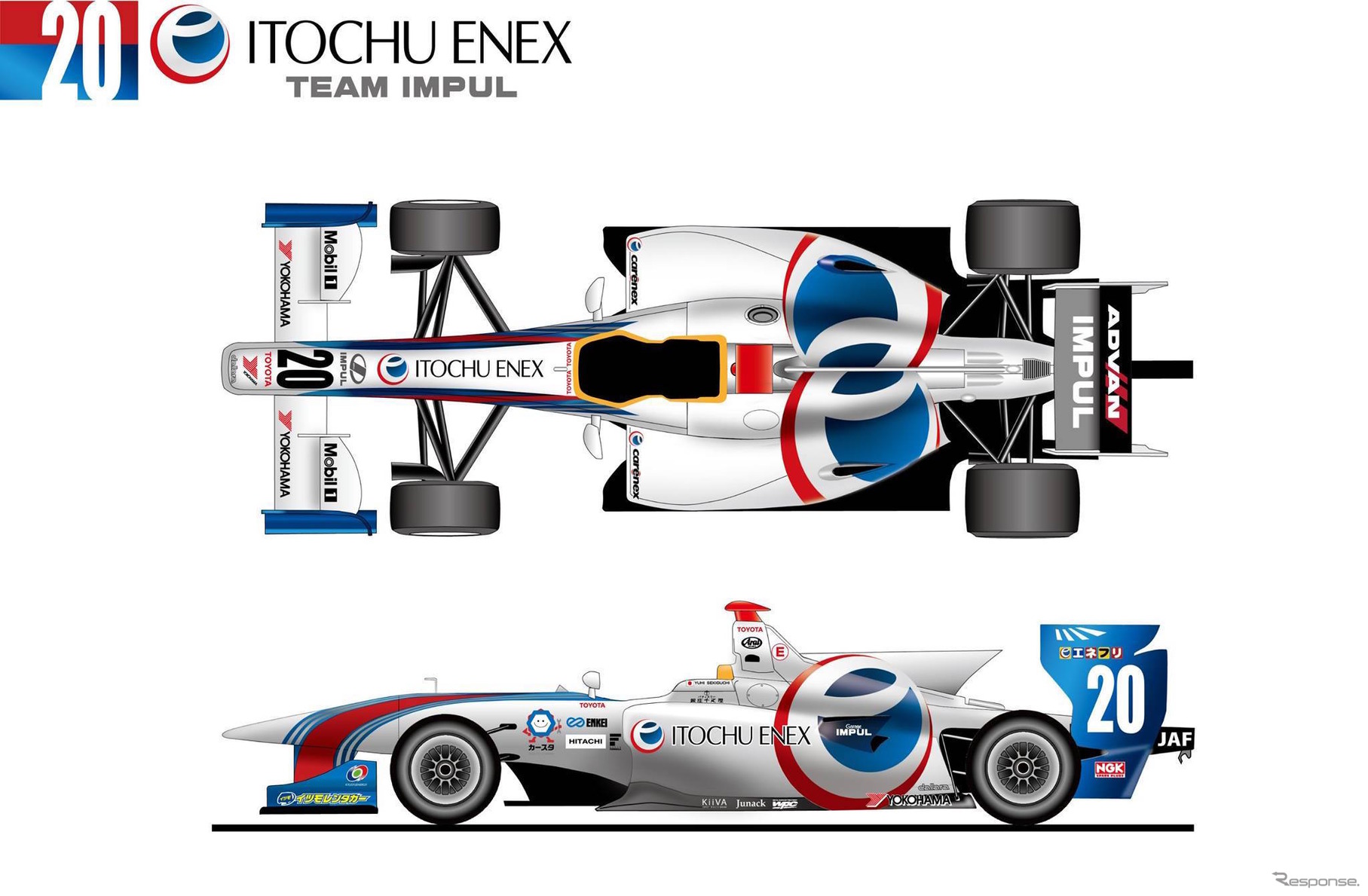 「ITOCHU ENEX TEAM IMPUL」のマシンカラーリング（20号車）。