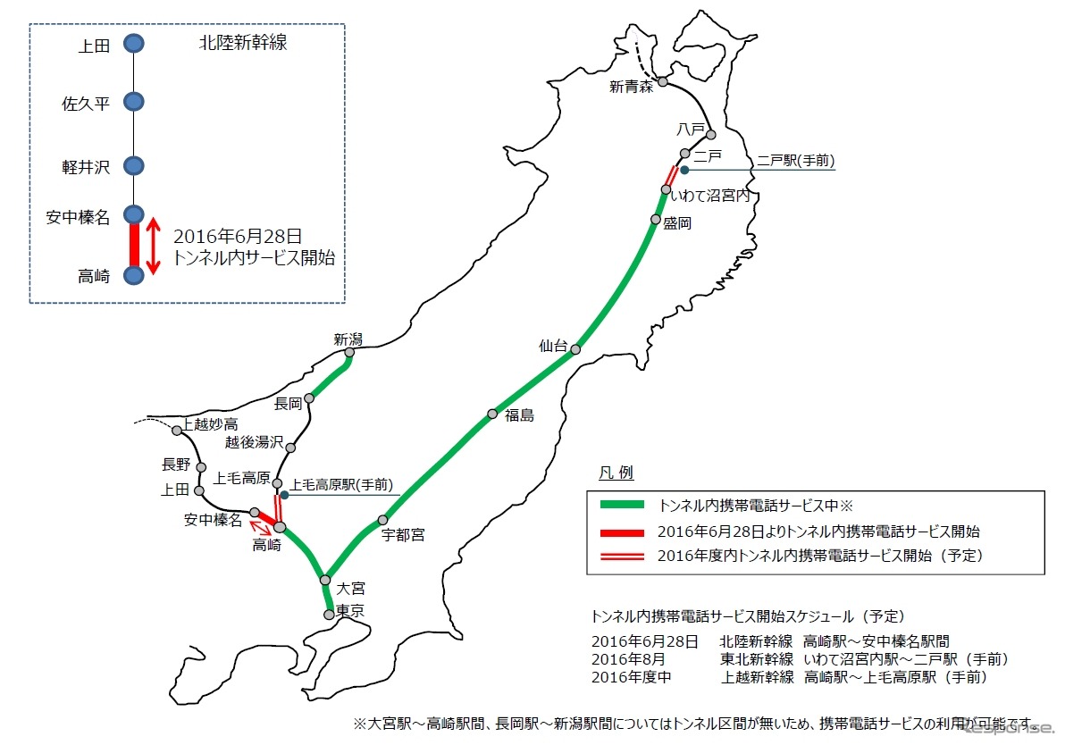 JR東日本の新幹線における携帯電話の利用可能区間（トンネル内）。6月28日から高崎～安中榛名間のトンネル内でも携帯電話が利用できるようになる。