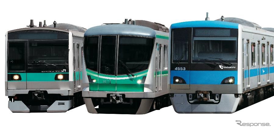 今年の「小田急ファミリー鉄道展」ではJR東日本（左）と東京メトロ（中央）の車両も展示される。