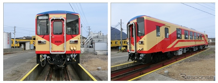 今年1月から運行されているキハ2505A「赤パンツ車両」。先頭部の赤は逆三角形に配置されており、パンツのように見える。