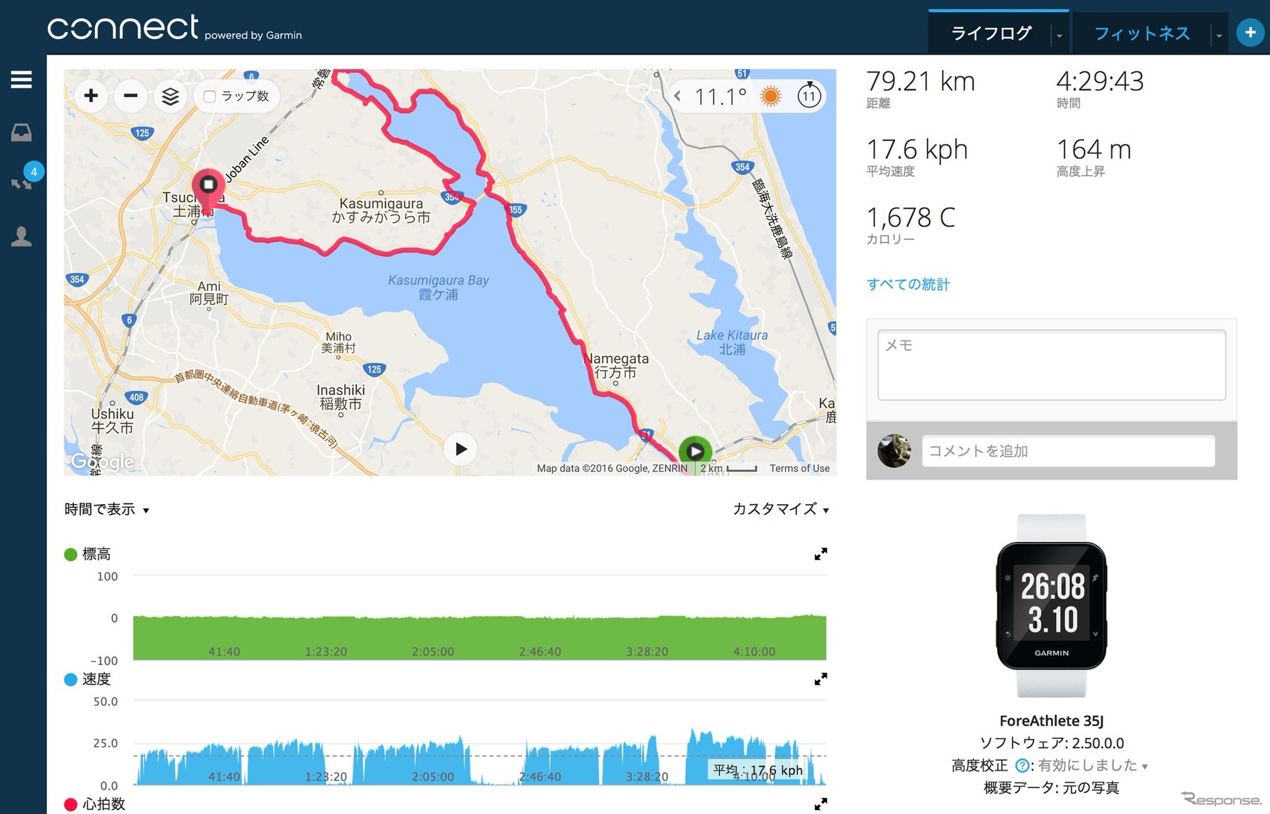 霞ヶ浦湖岸を走り終わってから実走データをパソコン画面で確認