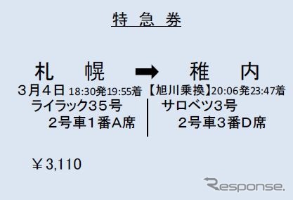 旭川乗継ぎの場合、2枚の特急券が1枚になって発行される。