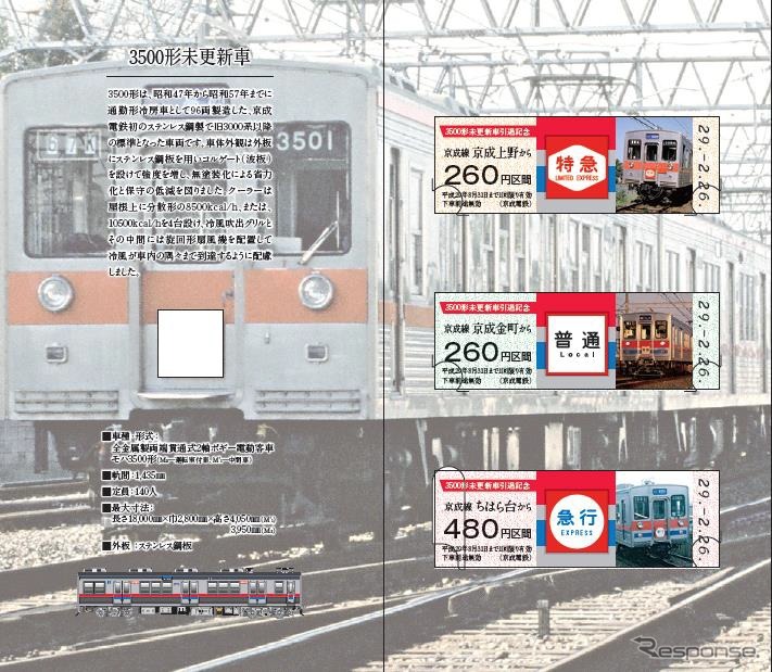 3500形未更新車の引退に伴い2月26日から発売される記念切符。硬券乗車券3枚に専用台紙が付く。