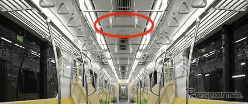 防犯カメラの設置範囲（赤）。車両の種類によって変わる場合もあるが、基本的には天井に設置される。