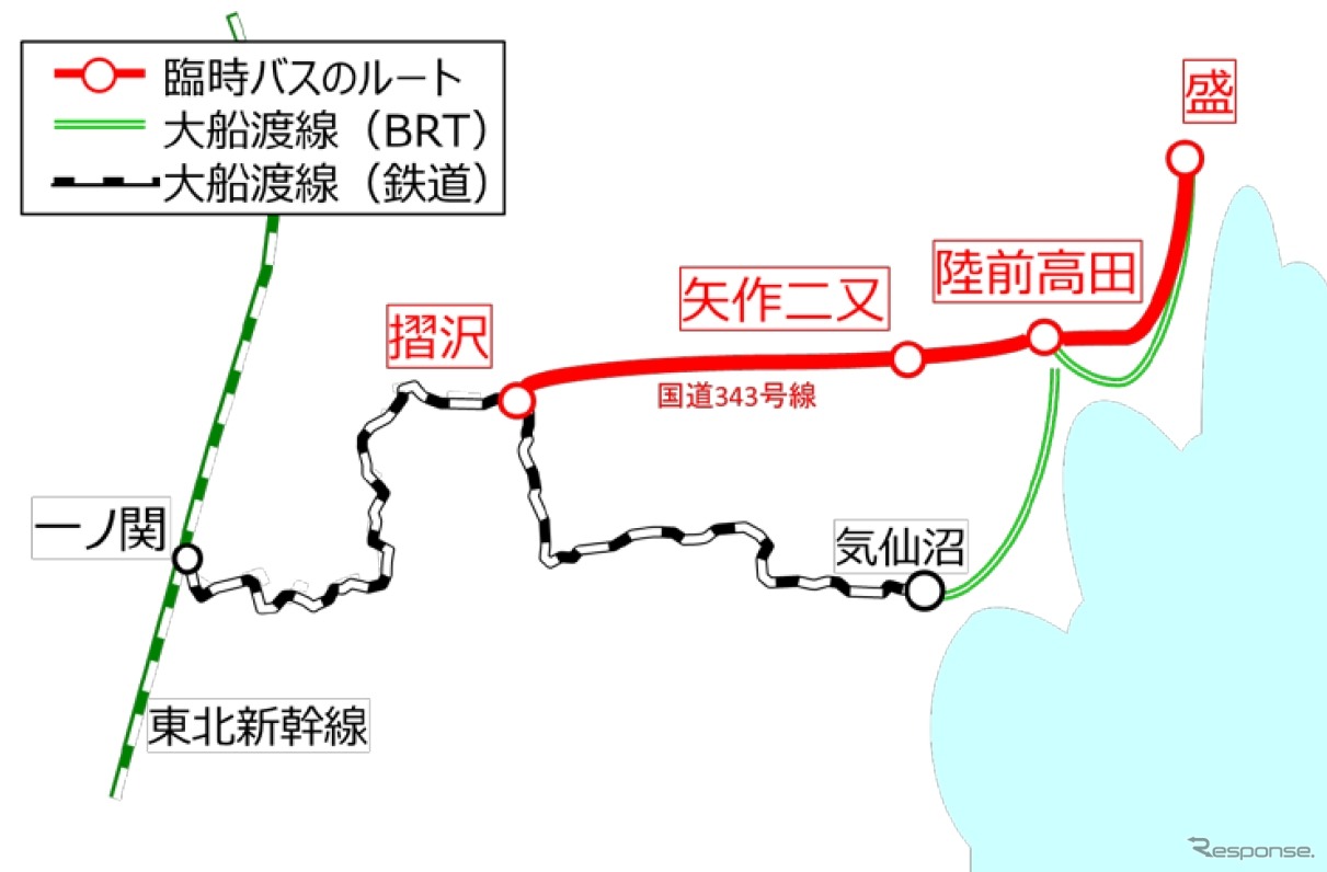 臨時バスの運行区間（赤）。大船渡線の「ナベヅル」区間を短絡して盛に向かう。