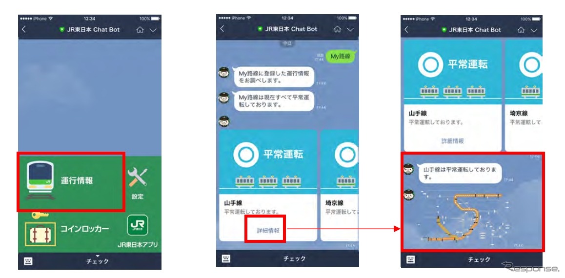 JR東日本LINEアカウントの利用イメージ。運行情報などを確認できる。
