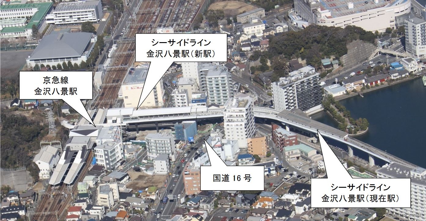 金沢八景駅の現駅と新駅の位置関係。現駅は海に面しているが、京急方への移設により様相は一変する。