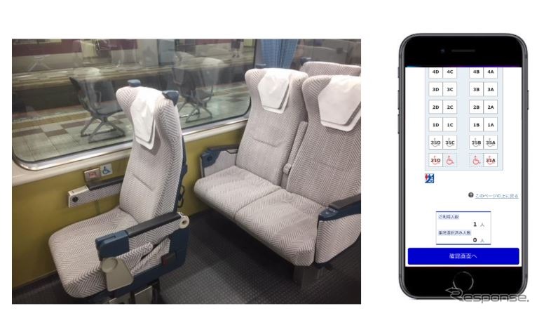 22000系の車椅子（左）と車椅子席のインターネット発売サイトのイメージ（右）。