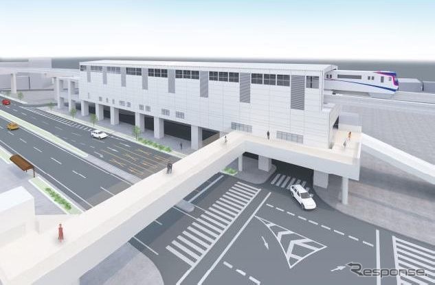 近畿日本鉄道（近鉄）けいはんな線と連絡する地上3階建の荒本駅。