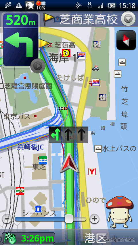 高架道の下を走る海岸通り(東京港区)を走行。マレに自車位置を外すものの、ほぼ正確に測位した
