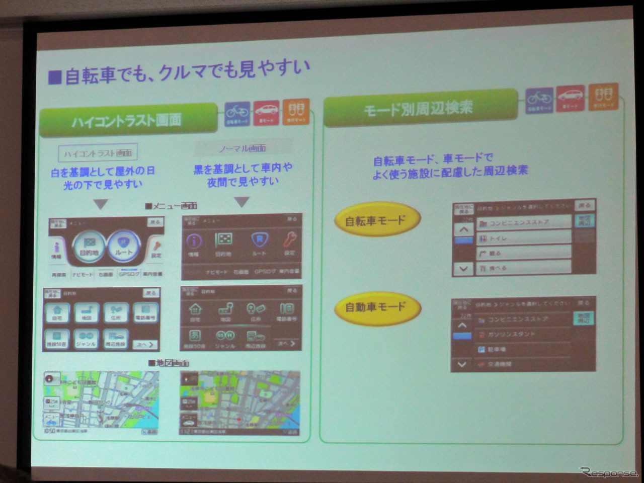 モードごとに最適な表示に切り替えられる。周辺検索も自転車モードと車モードでリストの優先表示が変わる