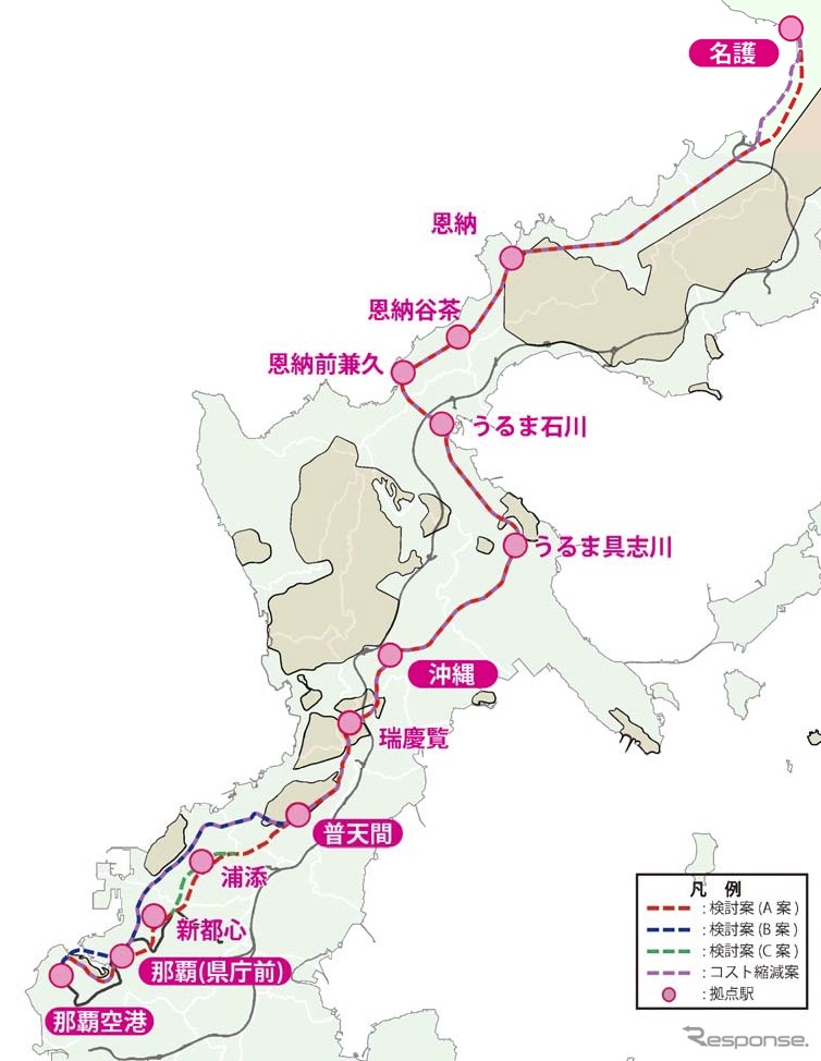 2012年の検討報告書による沖縄本島縦貫鉄道の想定ルート。那覇空港～名護間の約69kmを結ぶ。