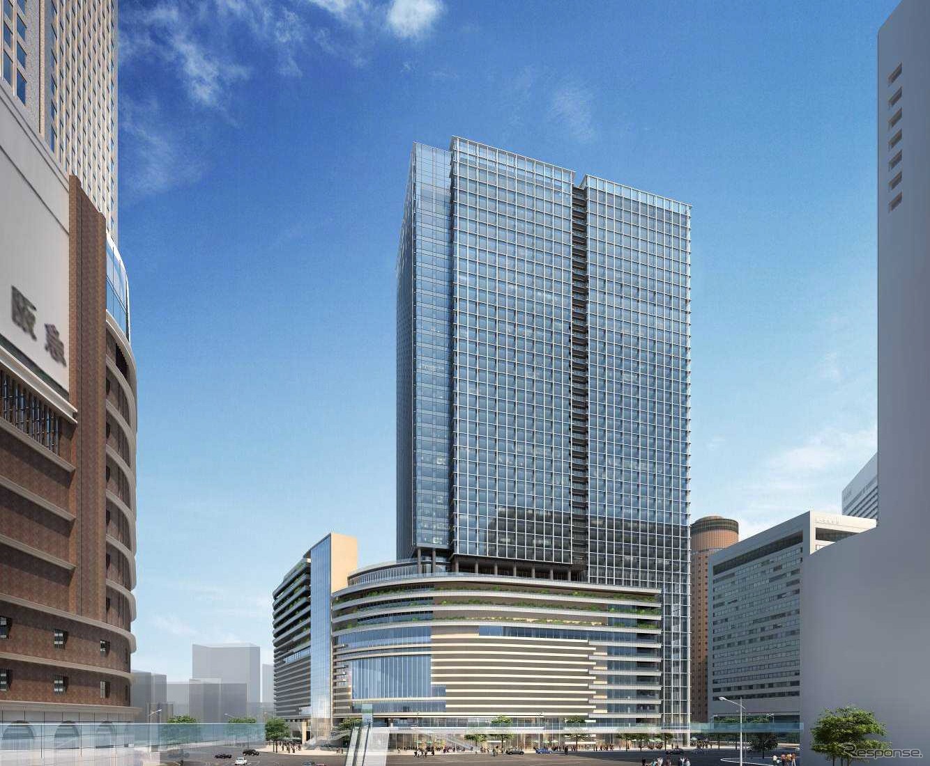 梅田阪急ビル（阪急うめだ本店）側から見た新ビルの完成イメージ。地上38階で高さは約190mになる。