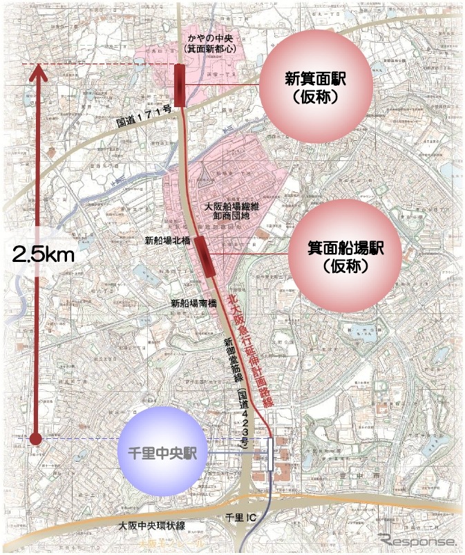 北大阪急行線延伸部の路線図。2020年度の開業を目指す。