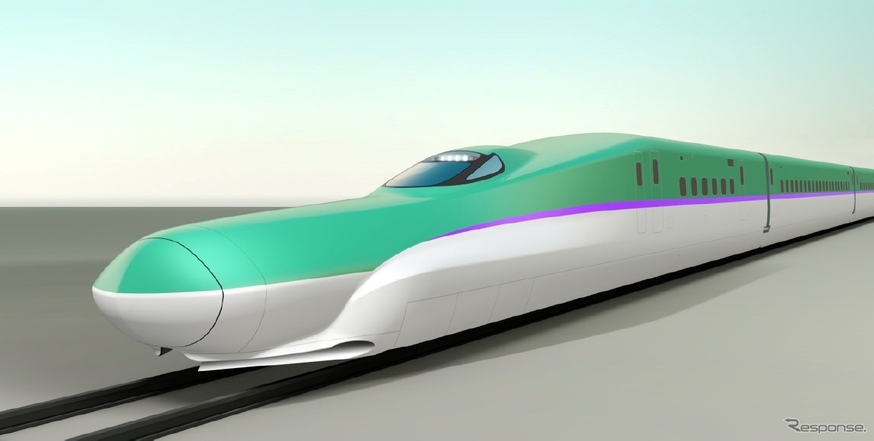 北海道新幹線の部分開業にあわせて導入されるH5系の完成イメージ。E5系とそっくりだが、帯の色は北海道の花を思わせる紫色の「彩香パープル」を採用する。