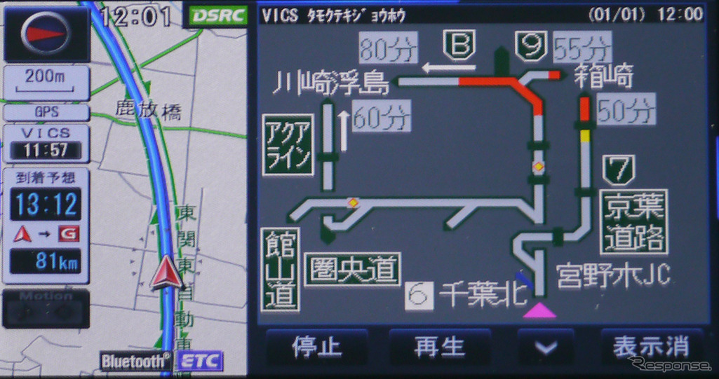 DSRC車載器付属モデルではITSスポットサービスが利用可能東関道から都心に向かうルート上で表示されたITSスポット情報。音声ガイドで所要時間が読み上げられた
