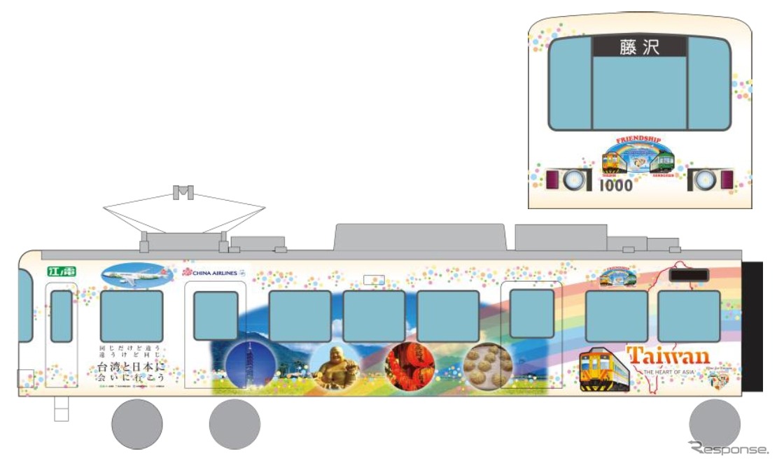 江ノ電は7月23日から台湾と神奈川の観光を表現したラッピング電車・バスを運転する。画像はラッピング電車のイメージ。