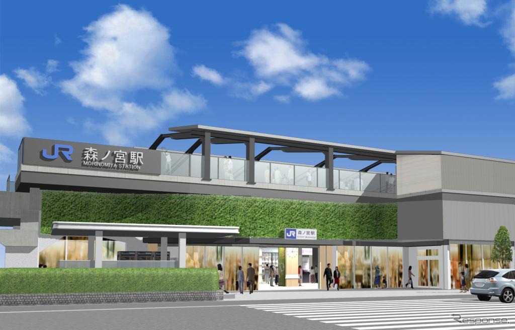 JR西日本がこのほど発表した森ノ宮駅の駅舎外観イメージ。「森」にちなんで外壁を緑化する。