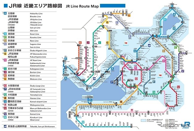 路線記号を追加した近畿エリアの路線図。JR京都線などで構成される敦賀～上郡・播州赤穂間を「A」、大阪環状線を「O」とし、それ以外の路線はほぼ分岐駅順にアルファベットを付与する。