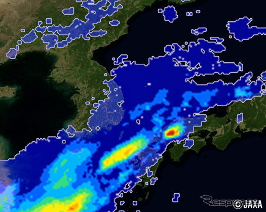 8 月19 日18 時から20 日6 時まで、「しずく（GCOM-W）」などで捉えた、西日本の積算降水量