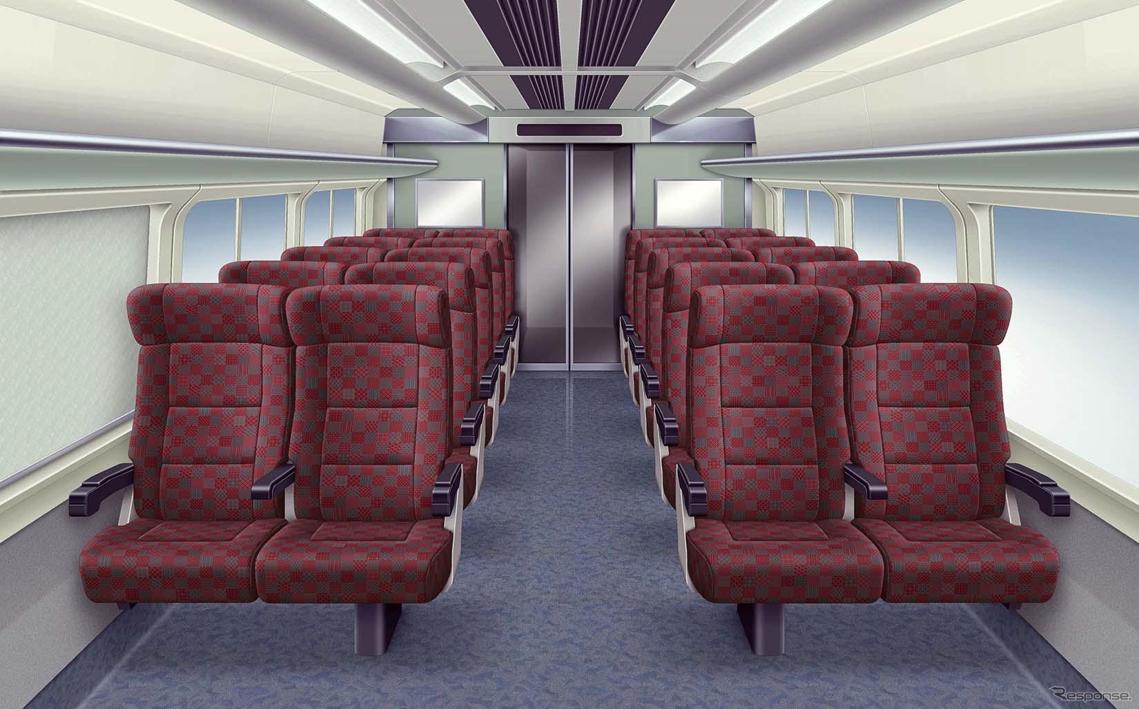 E653系1100番台の客室内イメージ。座席は北陸新幹線E7系・W7系の普通座席に使われているモケットデザインに近いものを採用する。