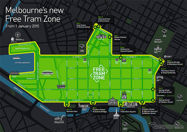 2015年1月1日から路面電車の運賃が無料となるゾーン（グリーン）。