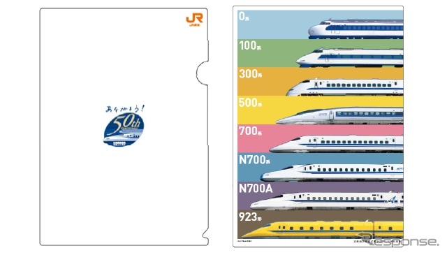 10月1日から配布される記念クリアファイルのイメージ。裏面には東海道新幹線を走行した歴代の車両がデザインされる。