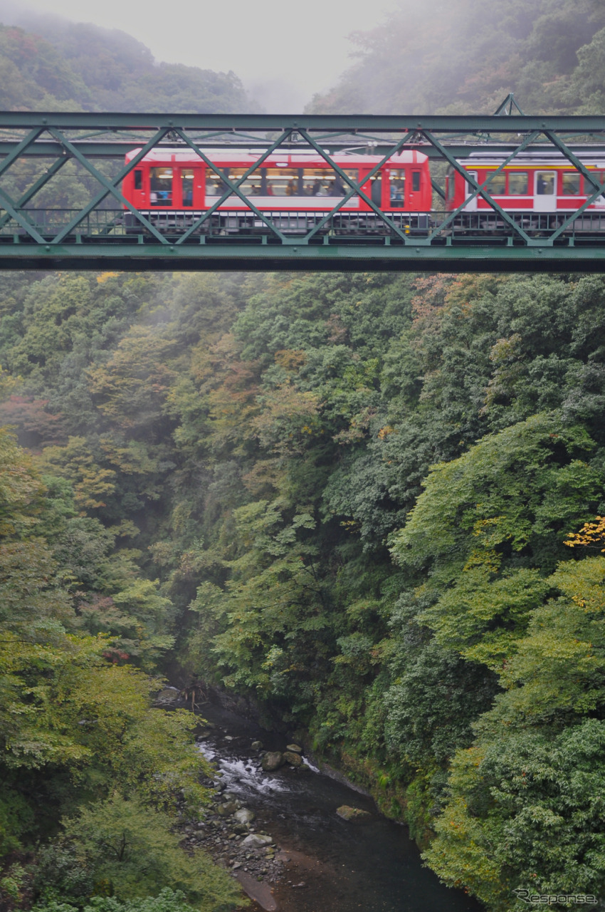 「出山の鉄橋」として知られる早川橋りょうを渡る3000形「アレグラ号」