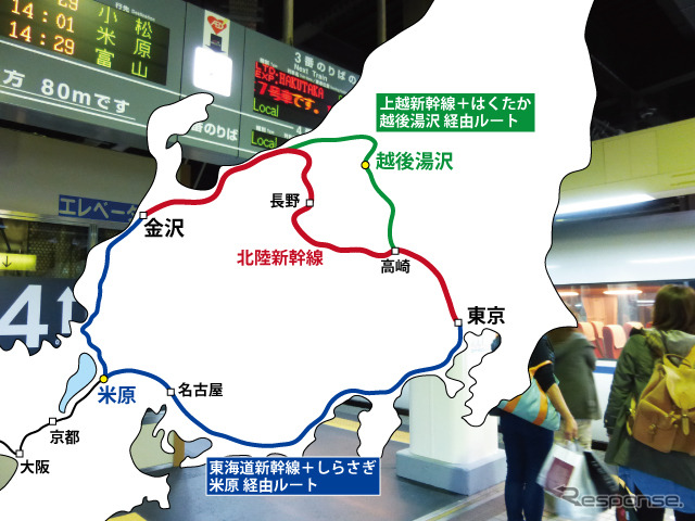 東京と金沢を結ぶ鉄道ルートのイメージ。越後湯沢経由や米原経由があるが、来春からは乗り換えなし。新幹線が2時間半で結ぶ