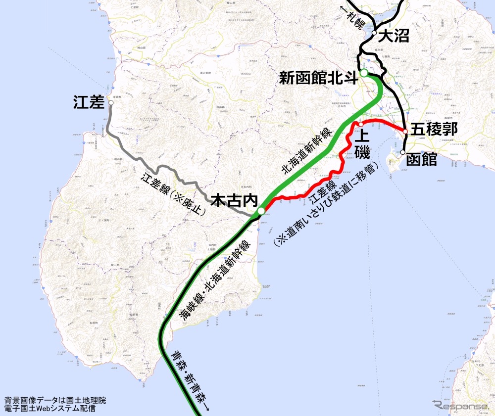 北海道新幹線の部分開業に合わせ、道南いさりび鉄道がJR北海道から経営を引き継ぐ区間（赤線）