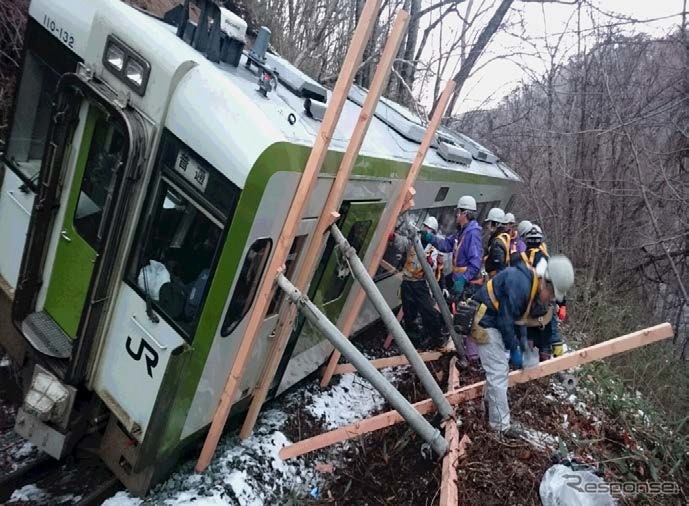 昨年12月に山田線松草～平津戸間の線路内に土砂が流入し、列車が脱線した。復旧工事の着手は早くても3月以降になる見込み。