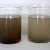 吸着・凝集剤反応速度イメージ：他社凝集剤。泥5gを溶解させた水1リットルに吸着剤0.2gを加え、4分間撹拌後（左）、2分間放置した（右）。