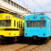 秋に引退する予定のスカイブルー色1001号編成（右）と、2012年に引退した秩父鉄道旧塗装の1007号編成（左）。