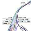 田町～品川間の線路図。車両基地を東側（右）に整理・縮小し、山手・京浜東北線と東海道線（上り）も新しい車両基地に沿って東側に移設する。京浜急行線の高架橋を含む西側（左）の敷地は再開発が行われる。