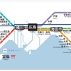 広島エリアでは広島駅を中心に広がる5線にラインカラーを設定し、各カラーの頭文字を路線記号として付与する。