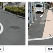 京福撮影所前駅とJR太秦駅を結ぶ道路（左）と改良後（右）のイメージ。路側帯をカラー舗装する。