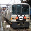 「くまモン」のラッピングが施された熊本電鉄01形（元・東京メトロ銀座線01系）の第36編成。銀座線でも同型の車両を使った「くまモン」のラッピング車が運行されることになる。
