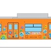 「ICOCAラッピング列車」の先頭車イメージ（1号車）。さまざまなポーズをとった「カモノハシのイコちゃん」が車体に描かれる。