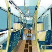大船渡線BRT向け観光バスは車内も海をイメージしたデザインでまとめる。