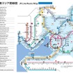 路線記号を追加した近畿エリアの路線図。JR京都線などで構成される敦賀～上郡・播州赤穂間を「A」、大阪環状線を「O」とし、それ以外の路線はほぼ分岐駅順にアルファベットを付与する。