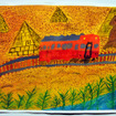 ピラミッドをかすめる小湊鉄道の気動車（市原湖畔美術館「子ども絵画展」）