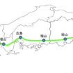 山陽新幹線内で携帯電話通信サービスが利用できる区間（緑）。3月27日からは新山口駅まで（青）利用可能に。年内には小倉～博多間（オレンジ）でも利用できるようにする。