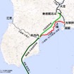 北海道新幹線の部分開業に合わせ、道南いさりび鉄道がJR北海道から経営を引き継ぐ区間（赤線）