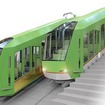 10月1日から運行を開始する大山ケーブルカー新車体のイメージ。ブリリアント・グリーンを基調とし、山下側は屋根の一部まで回り込む大型の曲面ガラスを採用する。