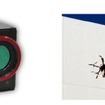 左：リモートサーモカメラの外観イメージ、右：マルチコプターと組み合わせたビル外壁診断の風景